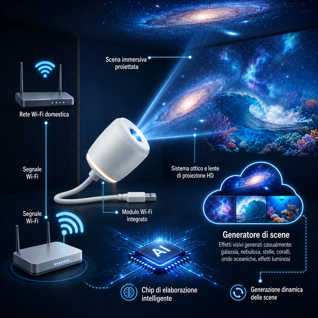TIMNAMY® Proiettore Notturno Intelligente di Nuova Generazione – Proiezione HD Smart Dinamica Olografica 5D 🐱🦝1
